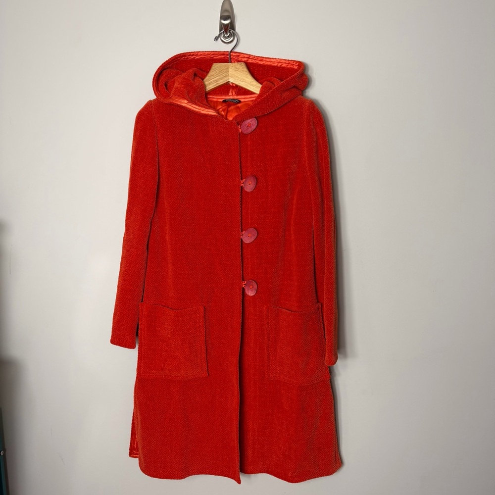 Annikki Karvinen Made in Finland Handmade Orange Hooded Jacket Coat Chenille